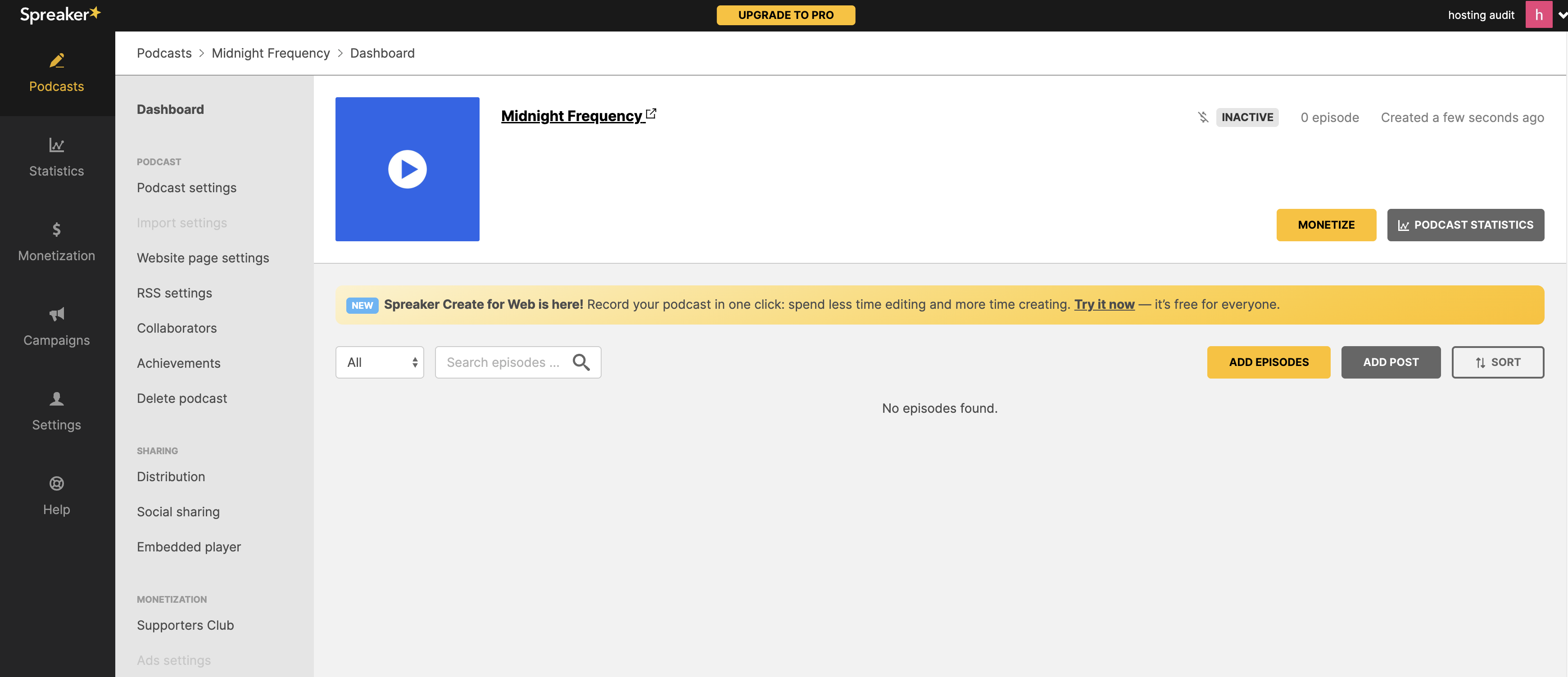 The Spreaker dashboard, with monetization and stats
